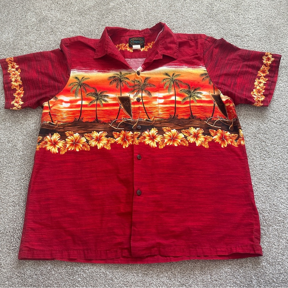 Aloha Hawaiian Reserve Collection Shirt Hibiscus Flowers Outrigger Canoes Size L